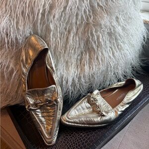 Tory Burch Metallic Silver Pointed Loafers with Chain Trim